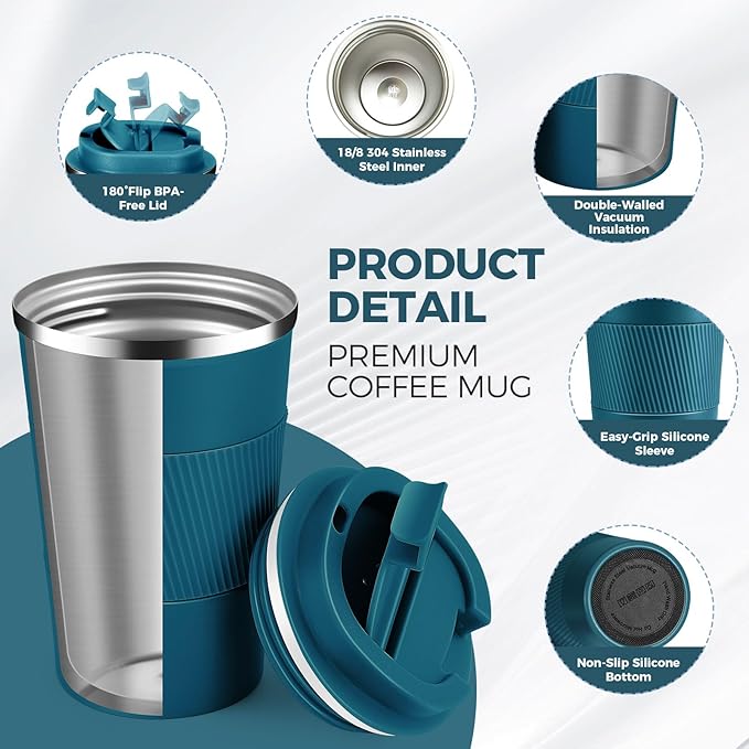 Volhoply 13 oz Stainless Steel Insulated Travel Coffee Mug with Fip Lid Bulk 4 Pack,Reusable Double Wall Vacuum Metal Coffee Cup,Portable Leak Proof Thermal Tumbler for Hot & Cold Drinks(Bule,4)