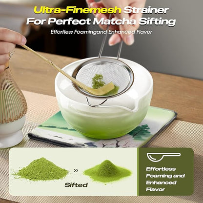 Matcha Whisk Set - 8 Pcs Tea Set with Bamboo Whisk and Holder, Ceramic Bowl, Bamboo Scoop and Spoon,Scoop Rest, Sifter & Tea Towel, Japanese Home Matcha Kit for Authentic Ceremony (Green)