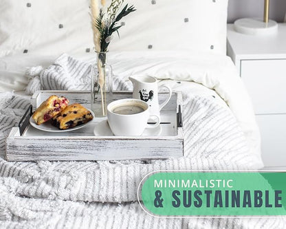 Rustic Wooden Serving Trays with Handle - Set of 2 - Large and Small Nesting Multipurpose Trays - for Breakfast, Coffee Table/Butler & More - Rustic White