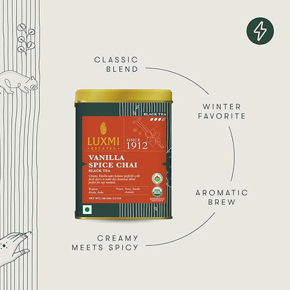 LUXMI Estates Vanilla Spice Chai 100Gm Loose Leaf Tin | Certified Organic Black Tea Leaf | Smooth, Flavorful, Robust, Caffeinated | Darjeeling & Assam Tea From India, 100 grams