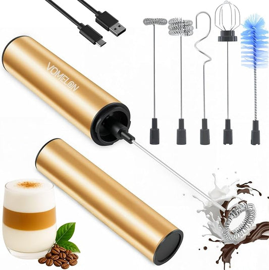 Rechargeable Milk Frother Handheld Electric Frother Wand Milk Foamer Drink Mixer for Coffee, Lattes, Cappuccino, and Egg, Stainless Steel for Travel-Golden