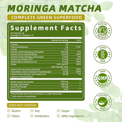 Matcha Moringa Powder – Superfood Blend with Green Tea & Resveratrol, Energy & Focus Support, Immune & Antioxidant Defense, Vegan, Gluten-Free, 8.8oz