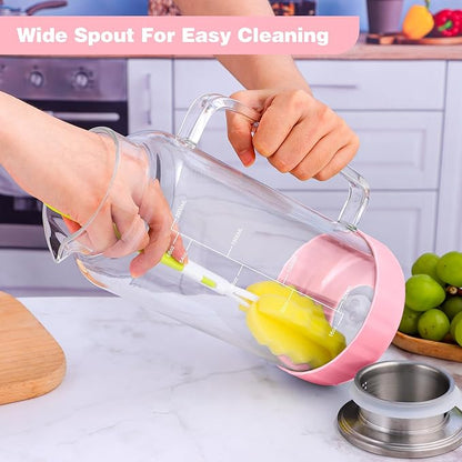 Aofmee 68oz Glass Pitcher with Lid, 2 Liter Water Carafe with Silicone Base and Precise Scale Line, Ice Tea Pitcher for Fridge, Anti-Slip Glass Jug for Sun Tea Juice Coffee Milk Beverage (Pink)