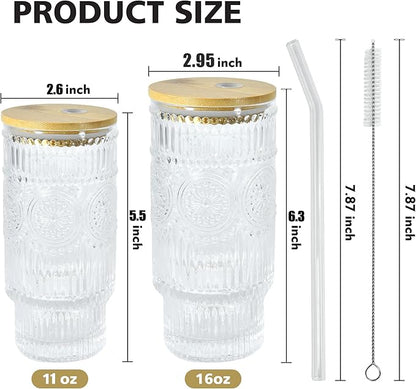 4 Pcs 16oz Drinking Glasses Cups Set with Bamboo Lids Straws Brush Begonia Vintage Glassware Set for Juice Iced Coffee Beer Cocktail Whiskey