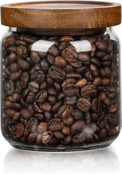 1 PC Small Glass Storage Jars with Airtight Lids, 17 fl oz (500ml) coffee container with Wooden Lid, Glass Pantry Canister for Beans, Rice, Sugar and etc