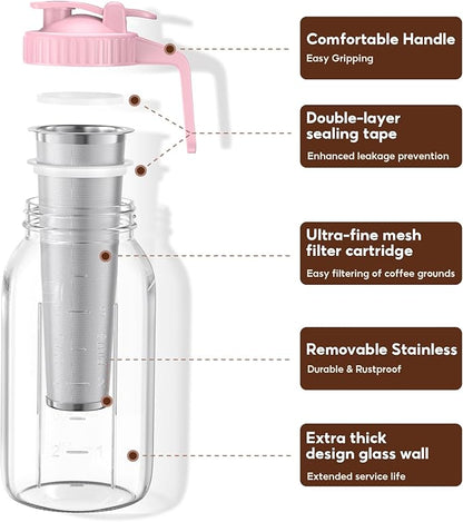 Cold Brew Coffee Maker Jar - 2 Pack 64 oz Glass Cold Brew Maker with Handle, Stainless Steel Filter & Leak-Proof Lid, Heavy Duty Cold Brew Pitcher for Iced Coffee, Sun Tea, and Milk