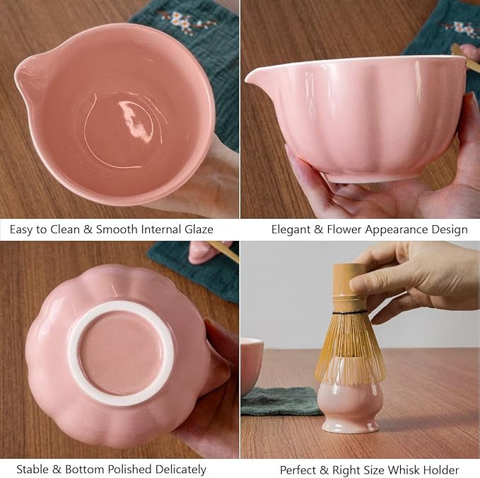 Pink Matcha Kit, 7 Pcs Matcha Whisk Set Includes Matcha Bowl with Spout, Bamboo Whisk, Chasen Holder, Sifter, Scoop and Rest, Tea Towel, Matcha Making Kit Tools for Family/Friend