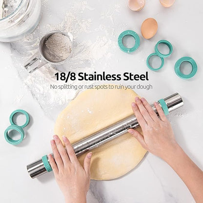 U-Taste 18/8 Stainless Steel 16 inch Adjustable Rolling Pin with Silicone Removable Thickness Rings, Nonstick Kitchen Roller Pin for Baking Cookies Pastry Pizza Pasta Dough Fondant (Teal/Aqua Sky)