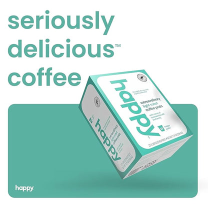 happy coffee light roast coffee pods, 22 count, notes of toasted biscotti and levity, compatible with most K-cup brewers, rainforest alliance certified