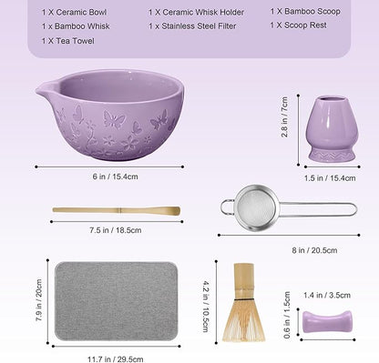 Matcha Whisk Ceramic Matcha Whisk Set Bamboo Whisk, Bowl With Spout, Powder Starter Sifter, Ceramic Whisk Holder, Tea Towel, Scoop and Scoop Rest for Matcha Tea Ceremony Purple