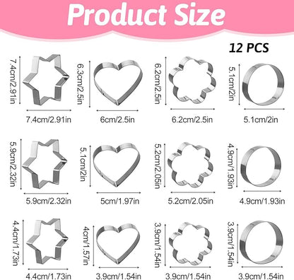 12 Pcs Cookie Cutters Biscuit Cutter Fruit Cutter Shapes Stainless Steel Fondant Cake Mold Heart Flower Star Round Shapes Metal Cutters for Baking
