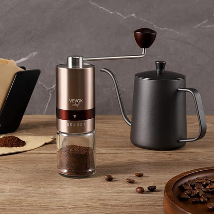 VEVOK CHEF Gold Manual Coffee Grinder Stainless Steel Burr Coffee Grinder with Portable Bag External Adjustable Setting Small Hand Coffee Grinder Ultra Fine for Espresso at Home Morning Coffee
