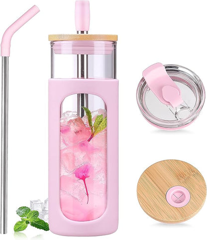 Kodrine 24oz Glass Tumbler with 2 Lids and Straws, Glass Cup With Bamboo Lid and On-the-go Lid, Reusable Iced Coffee Cup, Ideal for Smoothie, Cold Drinks, Fit Cup Holder, BPA Free (1, Pink)