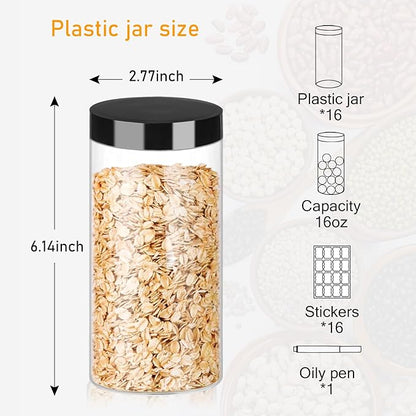 Plastic Jars with Lids 16OZ 16PCS Small Empty Slime Cosmetics Containers Clear Gift Food Jars Round PET Cream Jars with Black Lids Pen Labels for Kitchen Storage Spices Dry Food Butter