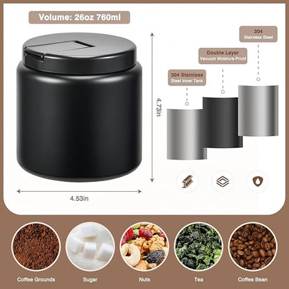 Coffee Canister, Premium Large Stainless Steel Insulated Vacuum Coffee Bean Storage Container Travel Jar, Kitchen Food Airtight Coffee Grounds Container for Tea, Sugar, Flour (26oz-Black)
