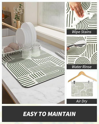 AMOAMI Coffee Mat Hide Stain Rubber Backed Absorbent Dish Drying Mat for Kitchen Counter - Fits Under Coffee Maker & Dish Rack - Green Line 12x19
