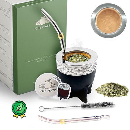 Premium Argentina-Uruguay Yerba Mate Cup and Bombilla Set, Organic Gourd Tea Mug with Steel Straw (Bombilla) and Cleaning Brush, Handcrafted for Loose Leaf Yerba Mate Tea - Imperial Version