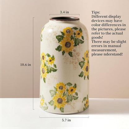 Vintage Ceramic Vase, 10.6 Inch Chinoiserie Sunflower Yellow Floral Vases, Retro Ice Cracked Rustic Antique Flower Vases for Modern Room Bathroom Shelf Home Decor (Large Cylinder)