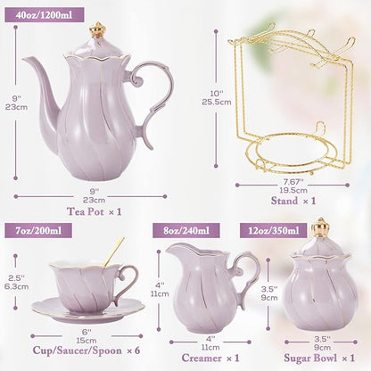 DUJUST 22 pcs Porcelain Tea Set for 6, Luxury British Style Tea/Coffee Cup Set with Golden Trim, Beautiful Tea Set for Women, Tea Party Set, Gift Package (With a Stand) - Purple