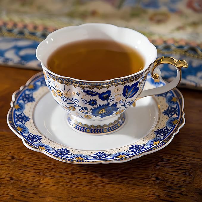 ACMLIFE Bone China Tea Set for Adults, Blue and White Tea Set for 4, Porcelain Vintage Floral China Sets for Women Party with Teapot or Gift Giving (Blue and White)