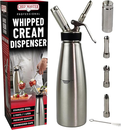 Chef Master (2 Pint / 1 Liter) Stainless Steel Whipped Cream Dispenser - Decorating Tips for Desserts, Latte + Cleaning Brush - Whip Cream Dispenser Canister for Home, Bakery or Restaurant - 90079