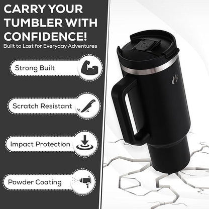 40 oz Tumbler with Handle and Straw, Dual feature Lid, Vacuum Insulated for Hot & Cold, Stainless Steel, includes Silicone Boot & Cleaning Brush