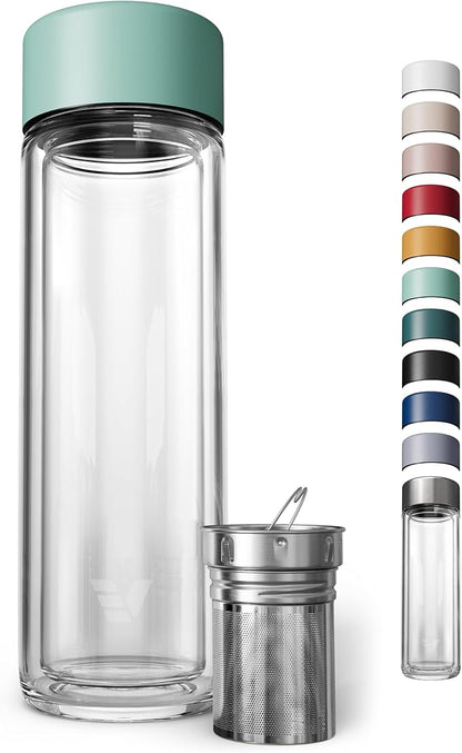 Glass Multi Tea Infuser Bottle 14oz - Double Wall Borosilicate Glass Flask | No Plastic Touches Contents | Perfect for Office or Home - Light Green