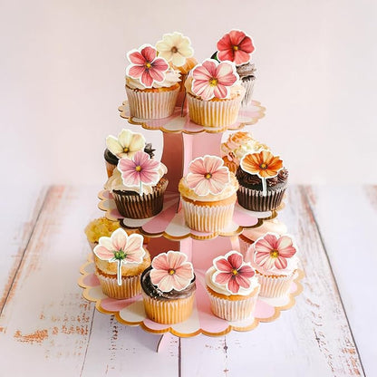 Ephlyn 50Pcs Edible Flower Cupcake Toppers Wafer Paper Spring Bridal Engagement Baby Shower Birthday Party Cupcake Picks Anniversary Party Decorations Supplies Rose Red