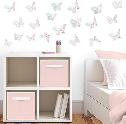 SAOROPEB 3D Wall Decor - 48 Pcs, 4 Styles, 3 Sizes - Laser Pink Butterfly Decorations for Birthday Parties, Removable Stickers