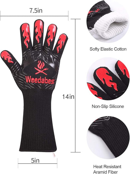 WEEDABEST Hot BBQ Gloves Heat Resistant Kitchen Oven Mitts Professional Long Heat Resistant Cooking Gloves for Grill,Grilling,Smoker,Barbeque,13.5 inch-Gray