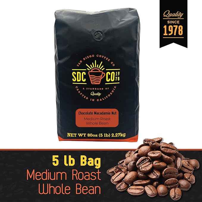 San Diego Coffee Chocolate Macadamia Nut, Medium Roast, Whole Bean Coffee, 5-Pound Bag Café en grano tostado