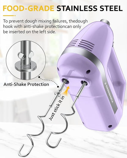Electric Hand Mixer, Powerful 300W Hand Mixer Electric Handheld with 304 Beaters, Dough Hook,Hand Held Mixer with Turbo for Baking Cakes, Eggs, Cream Food(Purple)