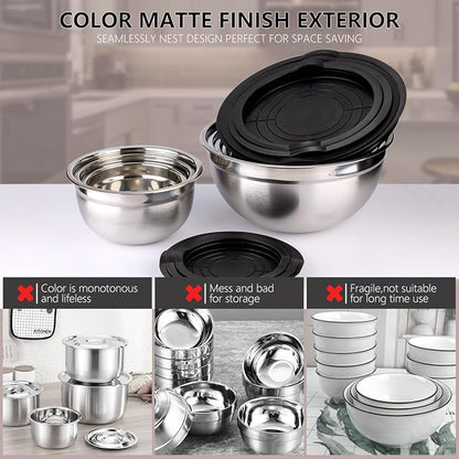 Mixing Bowls with Lids set - 25 PCS Stainless Steel Nesting Black Mixing Bowls Set for Baking, Mixing, Serving & Prepping, Size 5, 3.7, 2.8, 2.3, 1.7, 1.1, 0.7QT, 11 Cooking Utensils