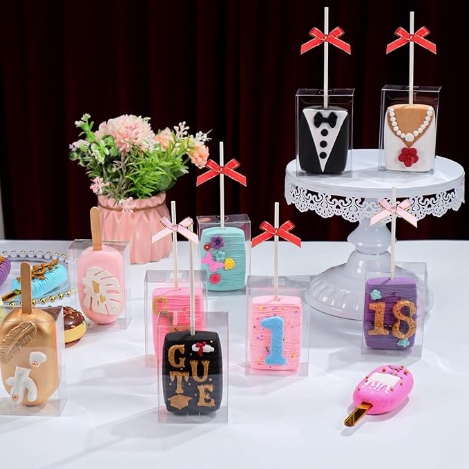 40Pcs 3.5"x 2.4"x 1.38" Clear Treat Boxes with Hole for Rice Krispie Treats, Cakesickles, Macarons, Candy - Party Favors, Birthday