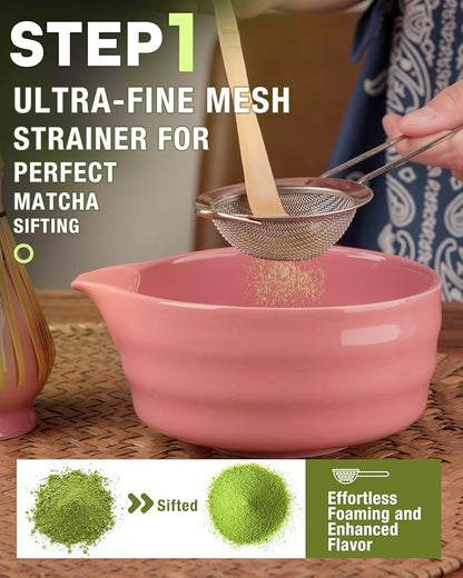 5PCS Matcha Set - 17OZ Ceremonial Bowl with Spout, Bamboo Whisk (Chasen), Stainless Sifter, Scoop & Holder, Matcha Kit for Matcha Lovers, Pink