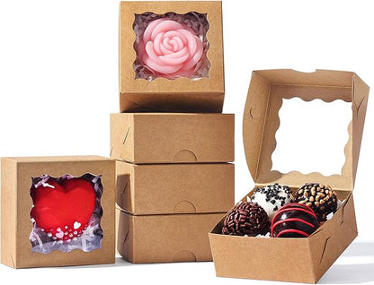3.2x3.2x1.5 Inches 100PCS Chocolate Truffle Boxes Mini Bakery Boxes with Window for Cookies,Soap,Donut, Macaron,Brownie(Brown)