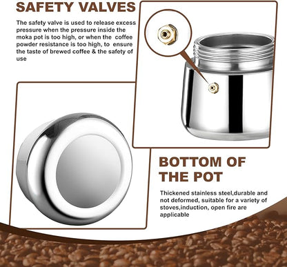 2 Cup Stovetop Espresso Maker Stainless Steel Moka Pot Stove Top Percolator Italian Coffee Makers Capable Mocha Greca Machine Cafe Classic Induction Cookers for Home and Camping 100ml 3.3oz