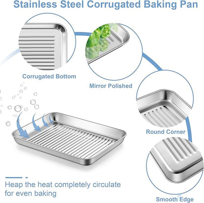 TeamFar Toaster Oven Pan with Cooling Rack, Stainless Steel Mini Baking Tray for Compact Toaster Oven, 9 Inch, Corrugated Bottom & Grid Mesh, Healthy & Heavy-Duty, 1 Pan + 1 Rack
