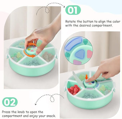 Kids Reusable Rotating Snack Container with 5 Separate Compartments, Color Matching Opening Lid,BPA/PVC-Free, Dishwasher Safe, Perfect for Travel, School Lunches & On-the-Go Snacking-Green