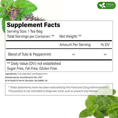 FreshDrinkUS, Premium Tulsi Peppermint Herbal Tea – 75 Tea Bags, 100% Natural, Blend of Tulsi Holy Basil Leaves, and Peppermint Leaves. Made with Natural Material Tea Bags. No Sugar, Vegan.