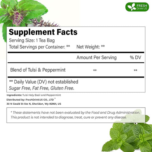 FreshDrinkUS, Premium Tulsi Peppermint Herbal – 30 Tea Bags, 100% Natural, Blend of Tulsi Holy Basil Leaves, and Peppermint Leaves. Made with Natural Material Tea Bags. No Sugar, Vegan.