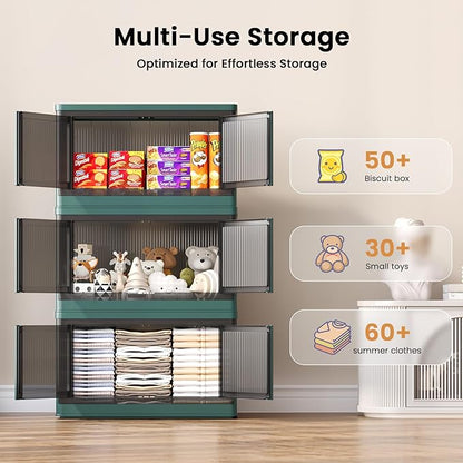 19Gal Collapsible Storage Bins with Lids & Wheels - 4 Pack Stackable with Doors, Heavy-Duty Plastic Containers for Home/Office, Green