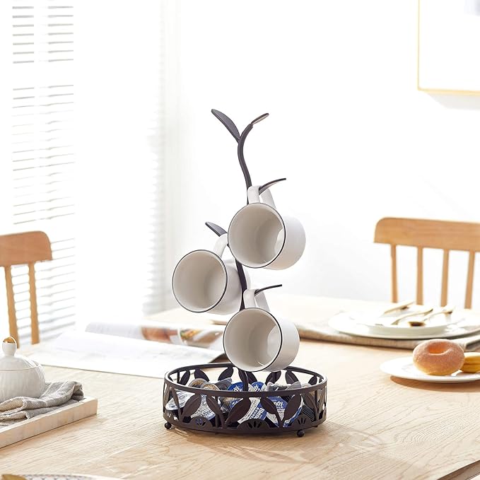 ALLCENER Mug Holder Stand, Countertop Mug Tree, Coffee Pod Holder with Mug Rack, Coffee Counter Bar Accessory & Kitchen Organizer