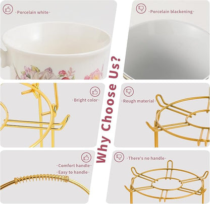 20-Pieces Porcelain Bone china Tea Sets,Gold Rim Coffee Set with Golden Metal Rack,Tea Gift Sets for Home&Party(003)