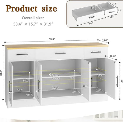 Vongrasig 53' Large Sideboard Cabinet with 4 Doors and 3 Drawers, Farmhouse Buffet Table Coffee Bar Kitchen Storage Cabinet, Wood Buffet Table for Kitchen, Dining Room, White