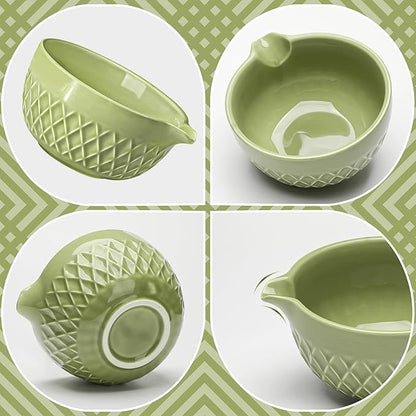 Matcha Whisk Set, 7 Pcs Matcha Kit, Ceramic Matcha Set Includes Matcha Bowl with Spout, Matcha Whisk and Holder, Bamboo Scoop, Scoop Rest, Sifter and Tea Towel (Matcha Green)