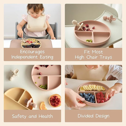 Moonkie Suction Plates for Baby | 100% Silicone BPA-Free Baby Plates with Lids and Food Cover | Divided Design | Microwave and Dishwasher Safe | Toddler Plates 2 Pack