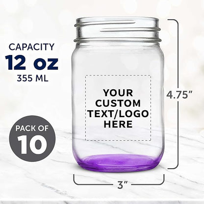 DISCOUNT PROMOS Custom Decorating Mason Jars 12 oz. Set of 10, Personalized Bulk Pack - Glass Jars for Overnight Oats, Candies, Fruits, Pickles, Spices, Beverages - Purple