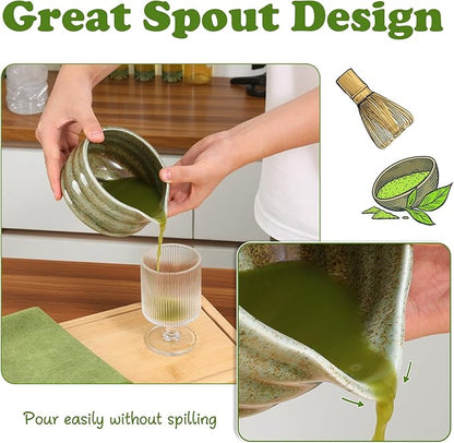 Matcha Whisk Set, 7 Pcs Matcha Kit Includes 18 oz Ceramic Matcha Bowl with Spout, Bamboo Whisk and Holder,Scoop with Stand, Sifter & Tea Towel, Complete Matcha Making Kit