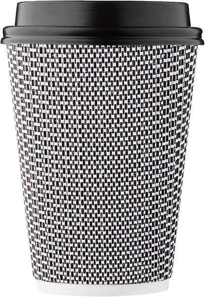 [100 SET]Harvest Pack 12 oz Disposable Coffee Cups, Insulated Ripple Double-Walled Paper Cups with Lids, Black and White Geometric, Drinking Cups for Tea Hot Chocolate Drinks To go coffee cups